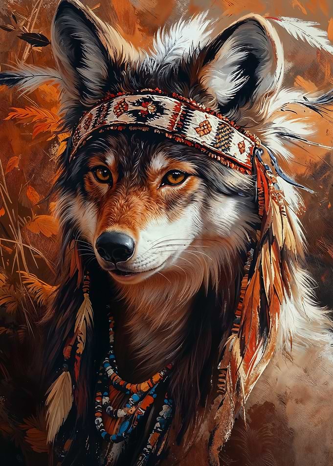Wolf in Native American Headdress