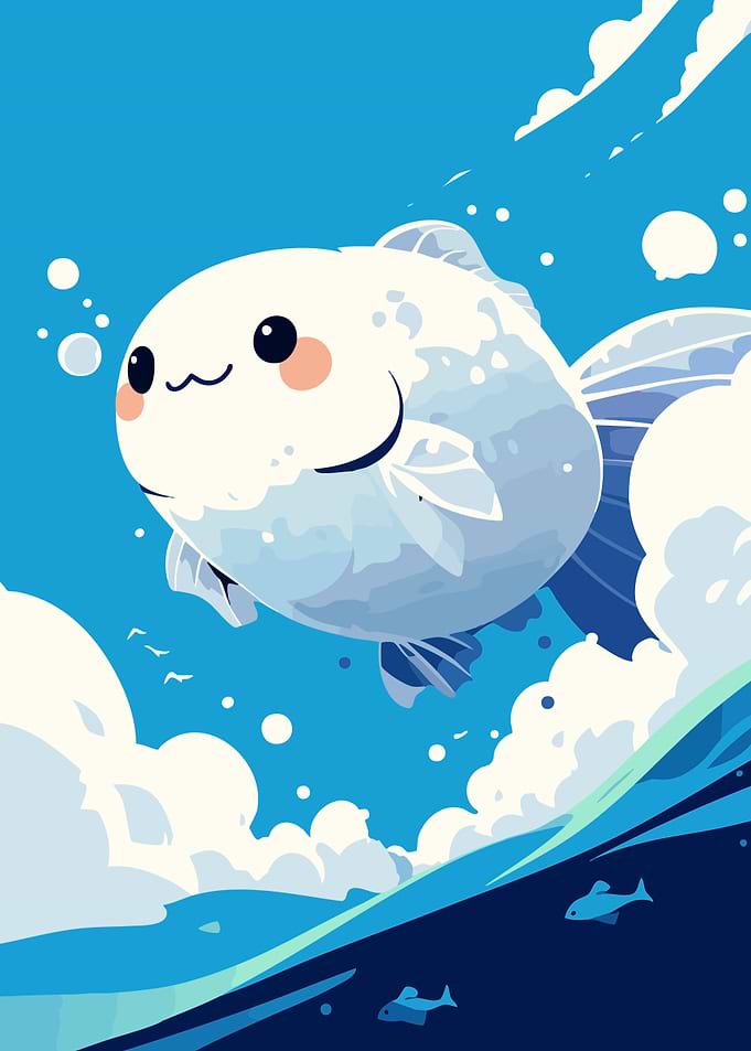 Cute Funny Round Fish Minimalist Art Illustration