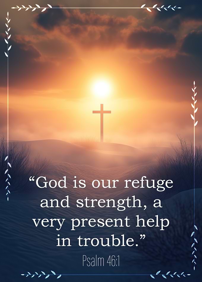 The Bible Religious Quote Psalm 46:1 at Sunset