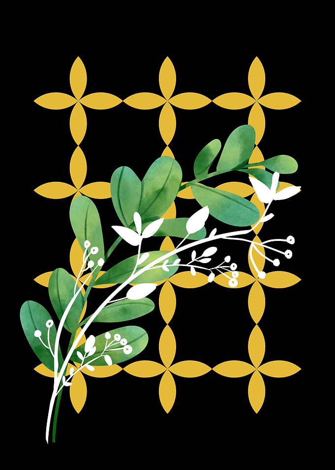 Floral Branch on Gold Grid