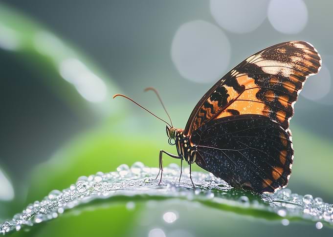 Butterfly on Dewy Leaf