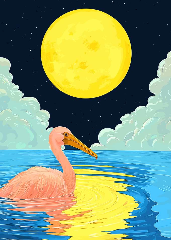 Flamingo Under Moonlight Reflection