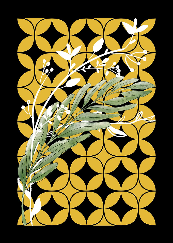 Floral Branch on Geometric Background