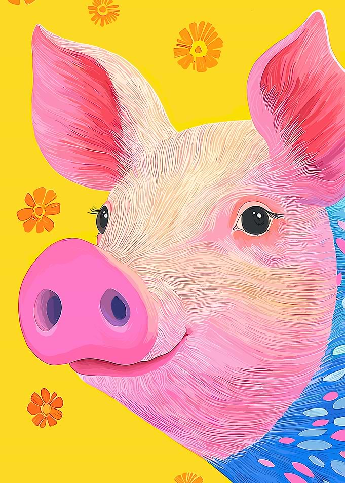 Smiling Pig with Flowers