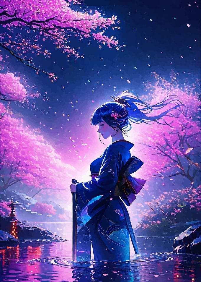 Anime Girl with Sword in Cherry Blossom