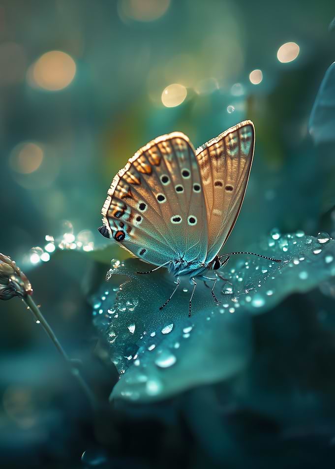 Butterfly on Dewy Leaf