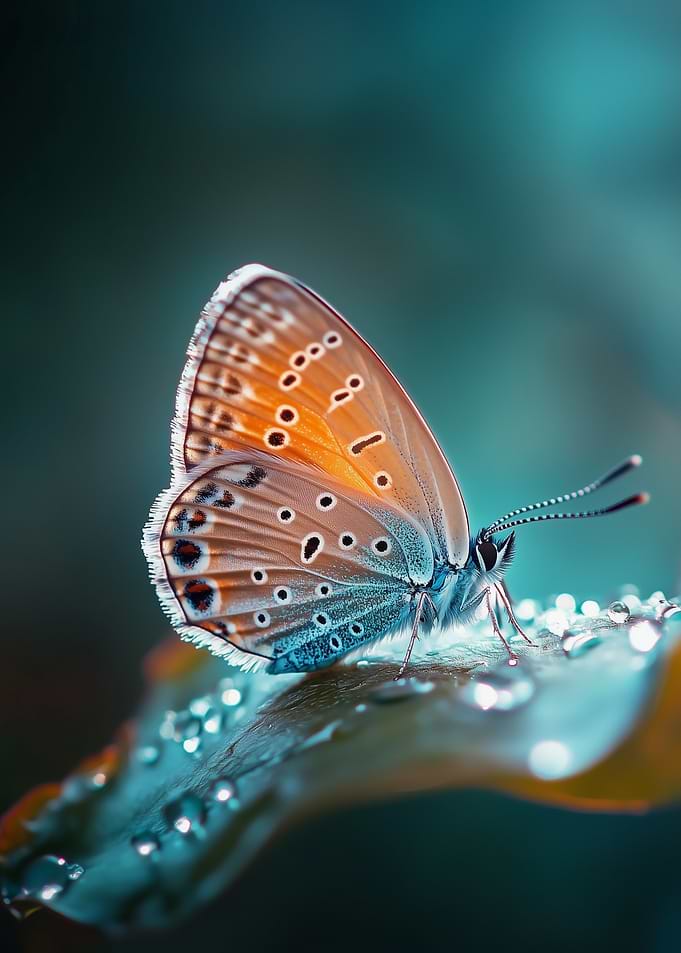 Butterfly on Dewy Leaf
