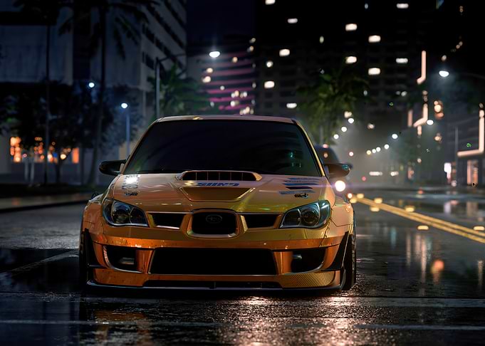 Yellow Subaru in City