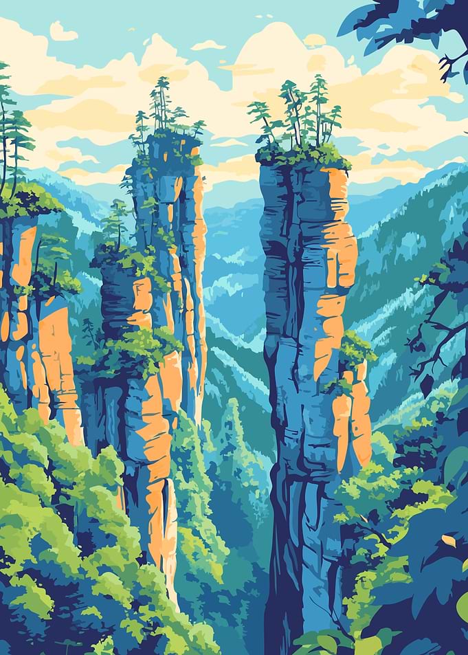 Magical Rock Cliffs of China Minimalist Art Illustration