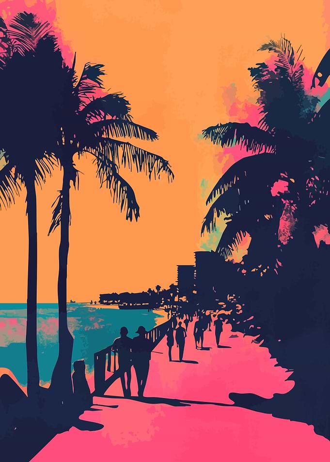California Beach Sunset Retro Minimalist Art Illustration