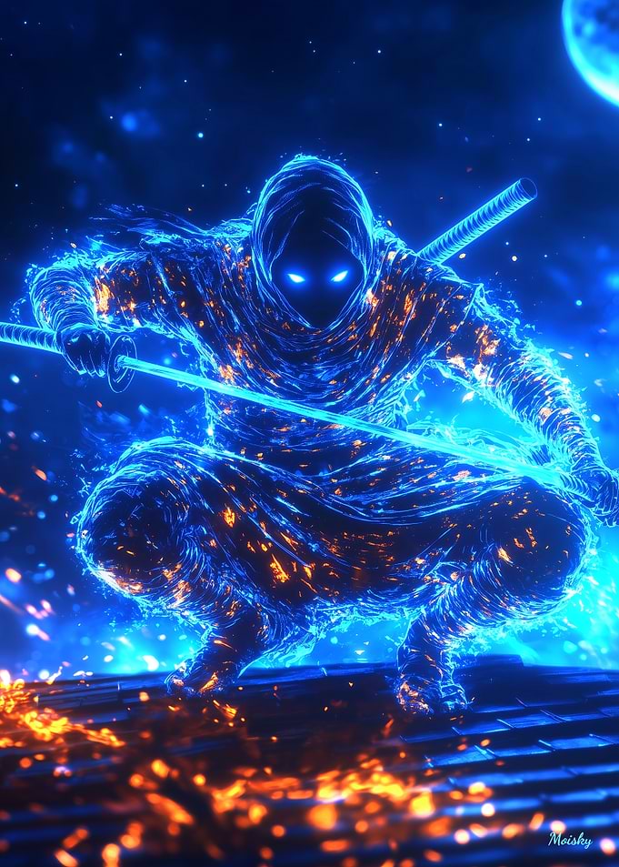 Neon Shadow Assassin – Cyberpunk Ninja in Blue Flames
