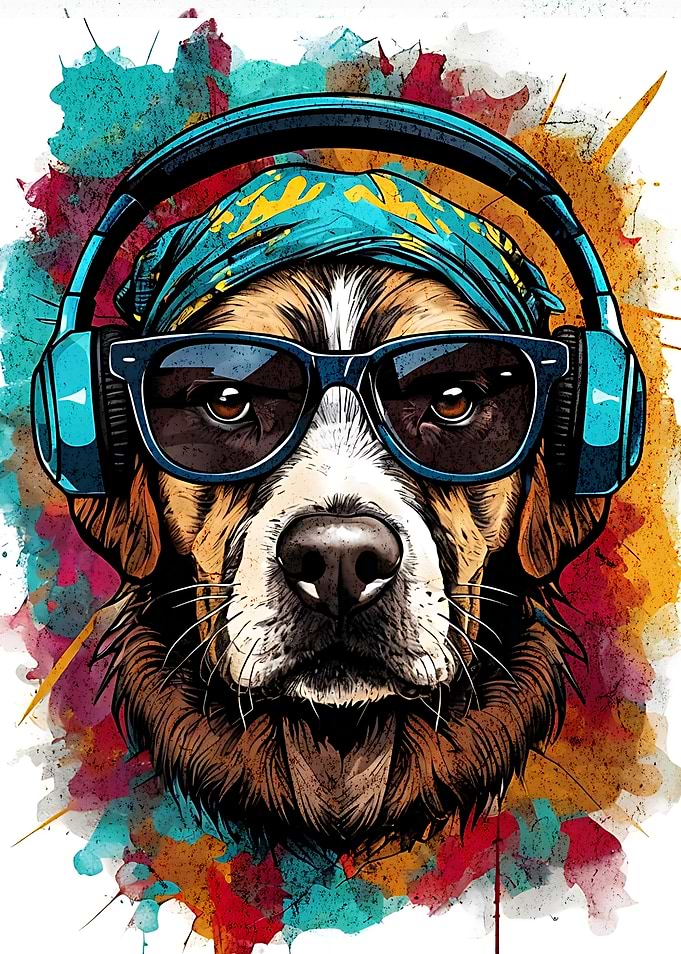 Dog with Headphones and Sunglasses