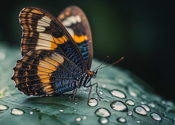 Butterfly on Dewy Leaf