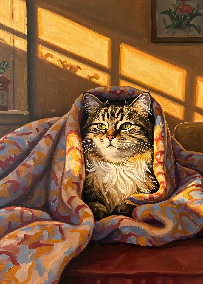 Cat in Blanket, Warm Sunlight