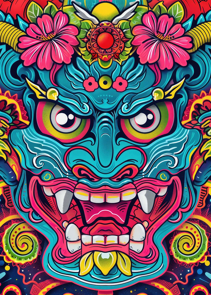 Colorful Japanese Demon Oni Mask