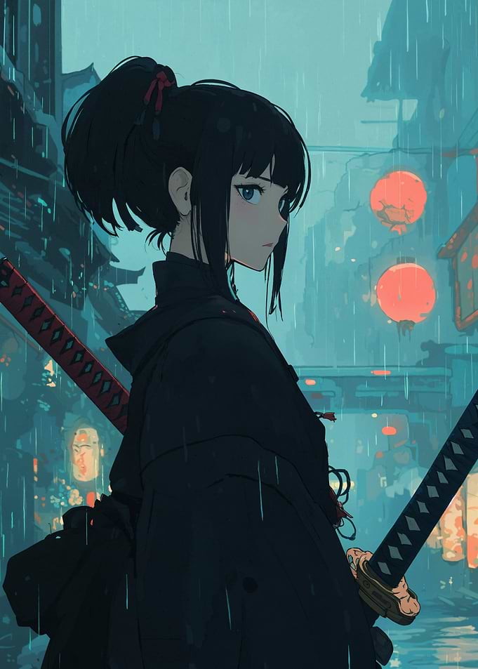 Anime Samurai Girl in Rain