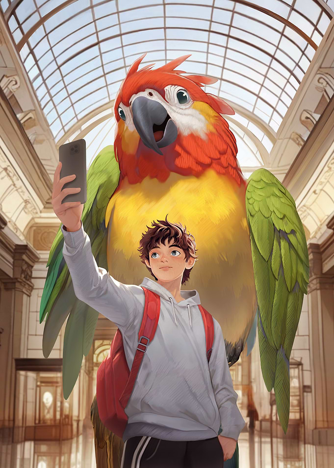Boy and Parrot Selfie