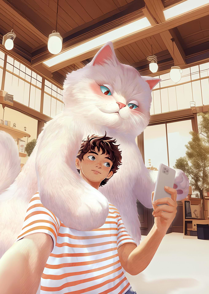 Boy and Giant Cat Selfie