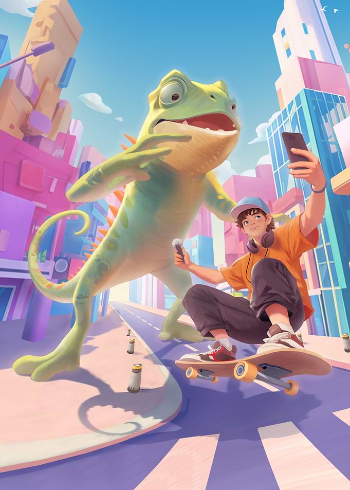 Skateboarding with a Giant Chameleon - A Magical Selfie