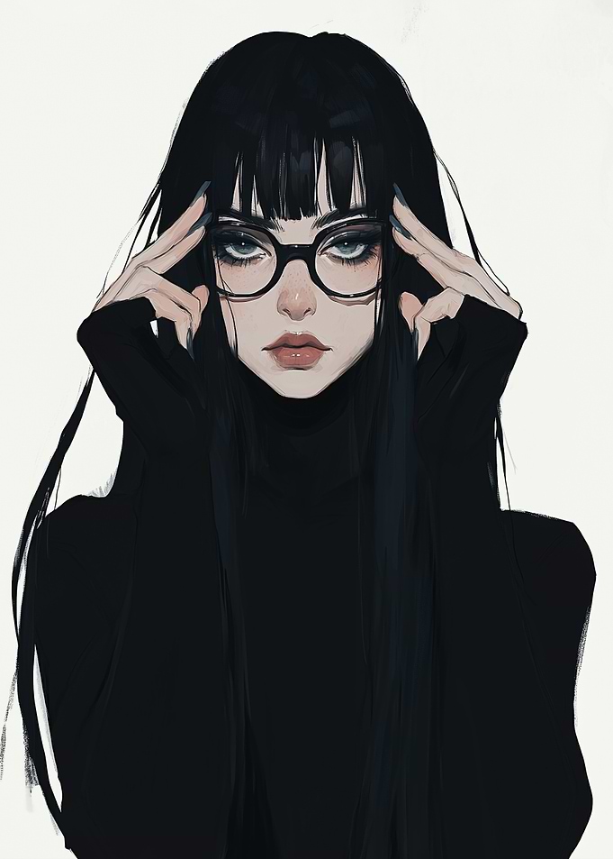 Enigmatic Vision: Gothic Woman in Black with Glasses and Intense Stare