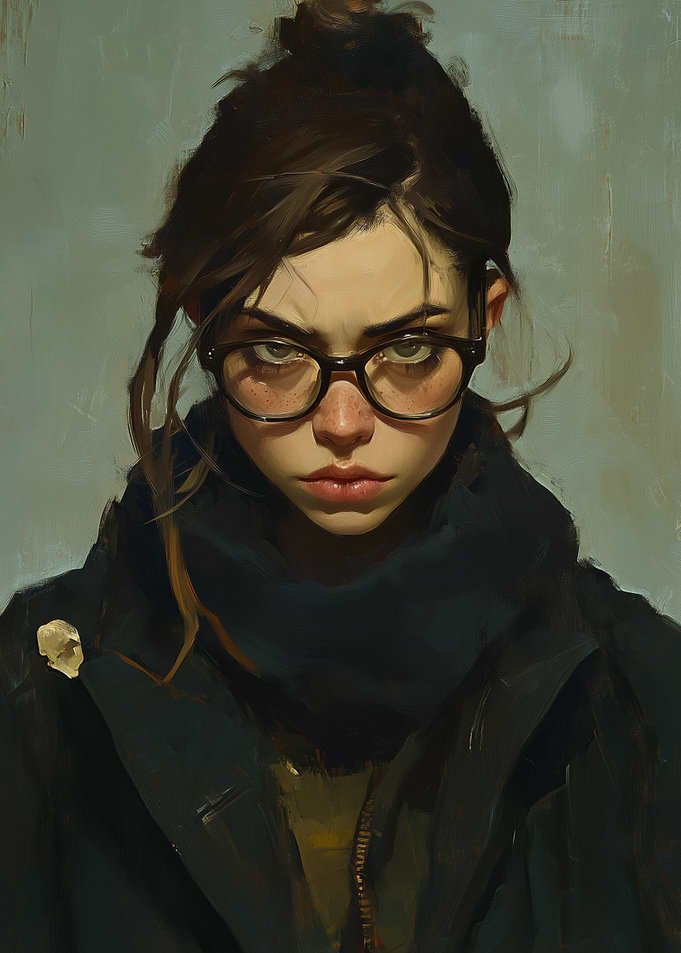 Defiant Stare: Moody Portrait of a Fierce Young Woman in Glasses and Dark Attire