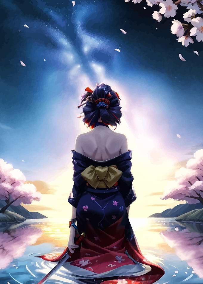 Anime Geisha in Kimono by Water