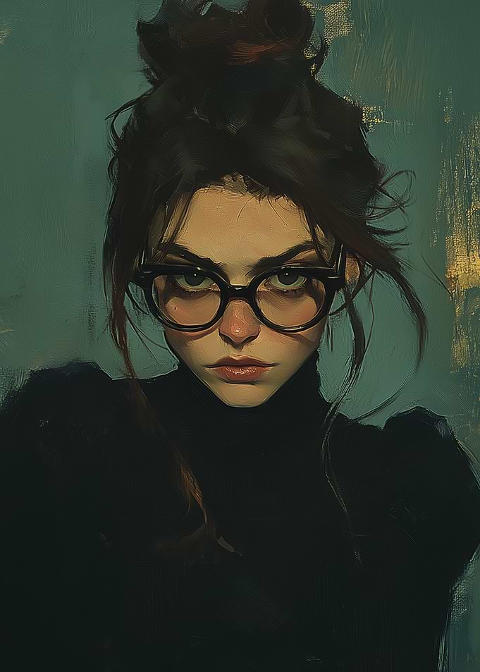 Rebellious Gaze: Mysterious Woman in Glasses with a Fierce Expression