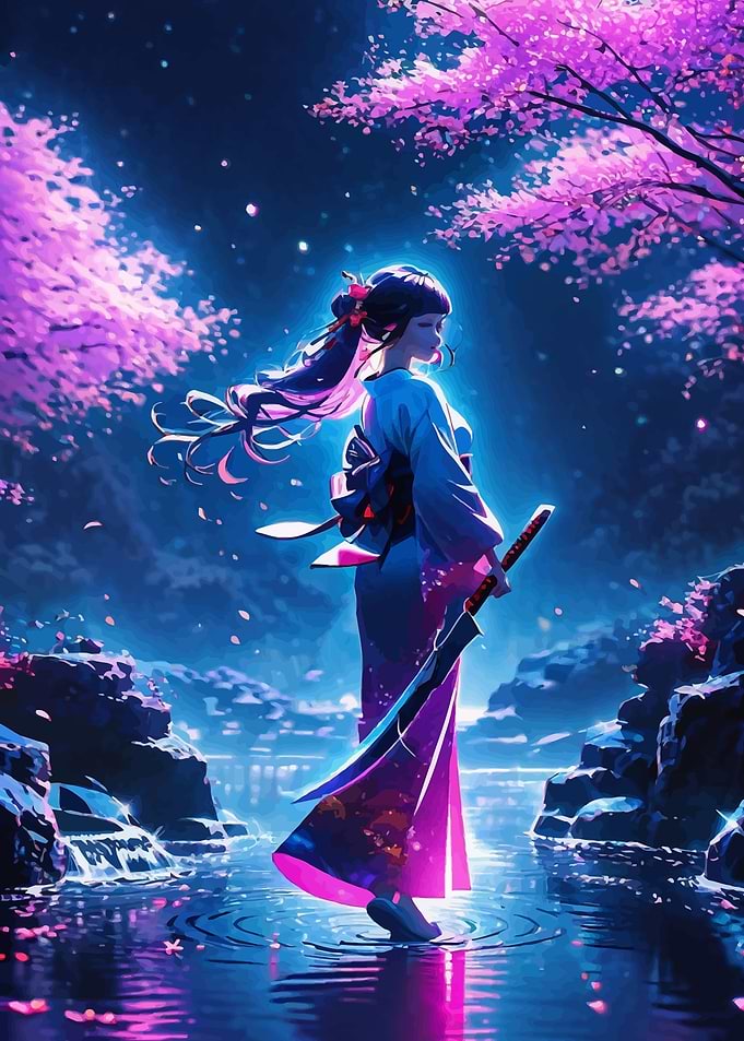 Anime Geisha in Night Ponds