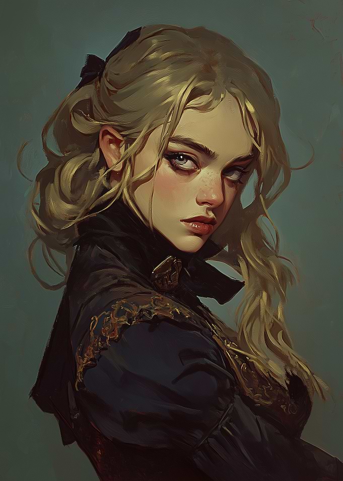 Regal Rebellion: Mysterious Blonde Woman in Ornate Dark Attire