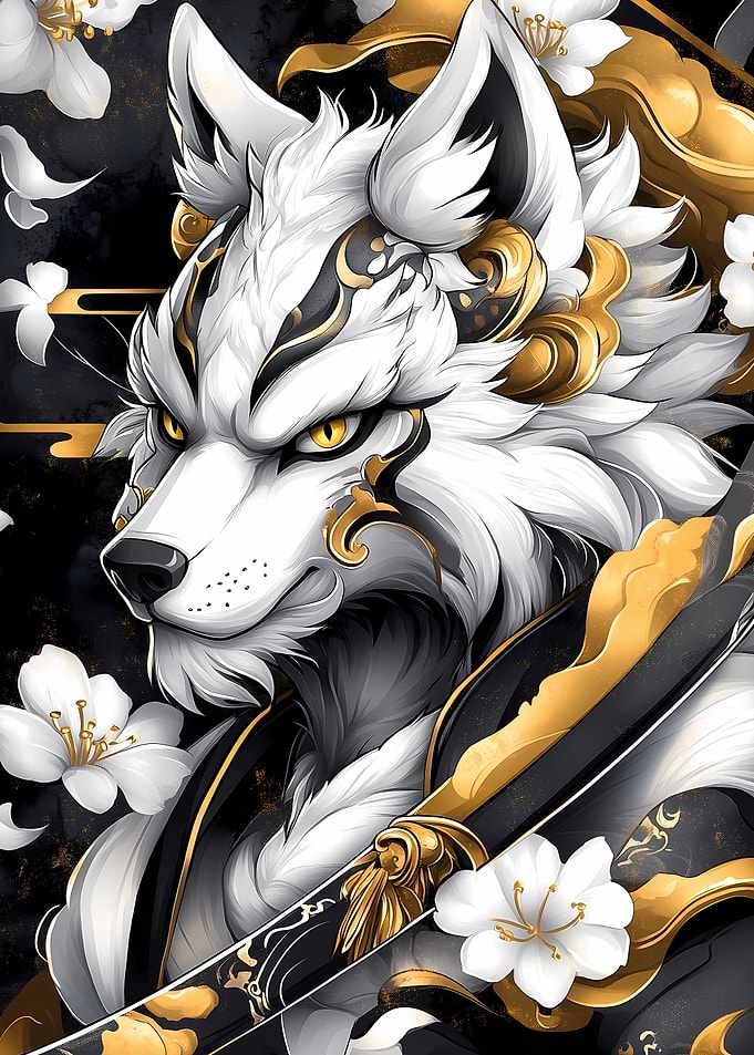 White Wolf with Gold Accents Animal