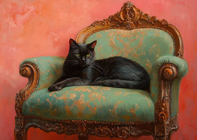 Black Cat in Antique Chair
