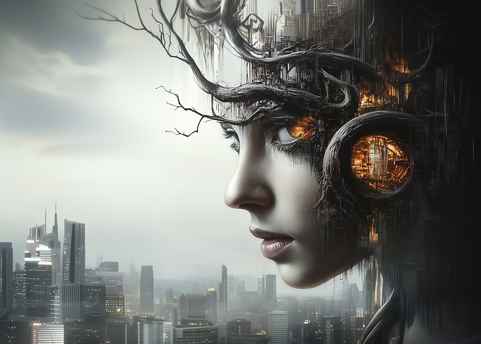 Cyberpunk Woman with Cityscape