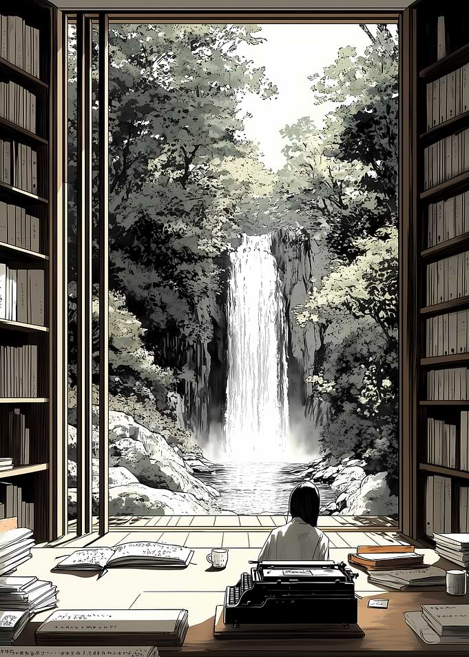 Waterfall View from Library Japanese