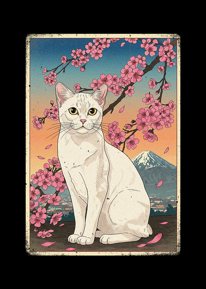 Japanese Cat with Cherry Blossoms