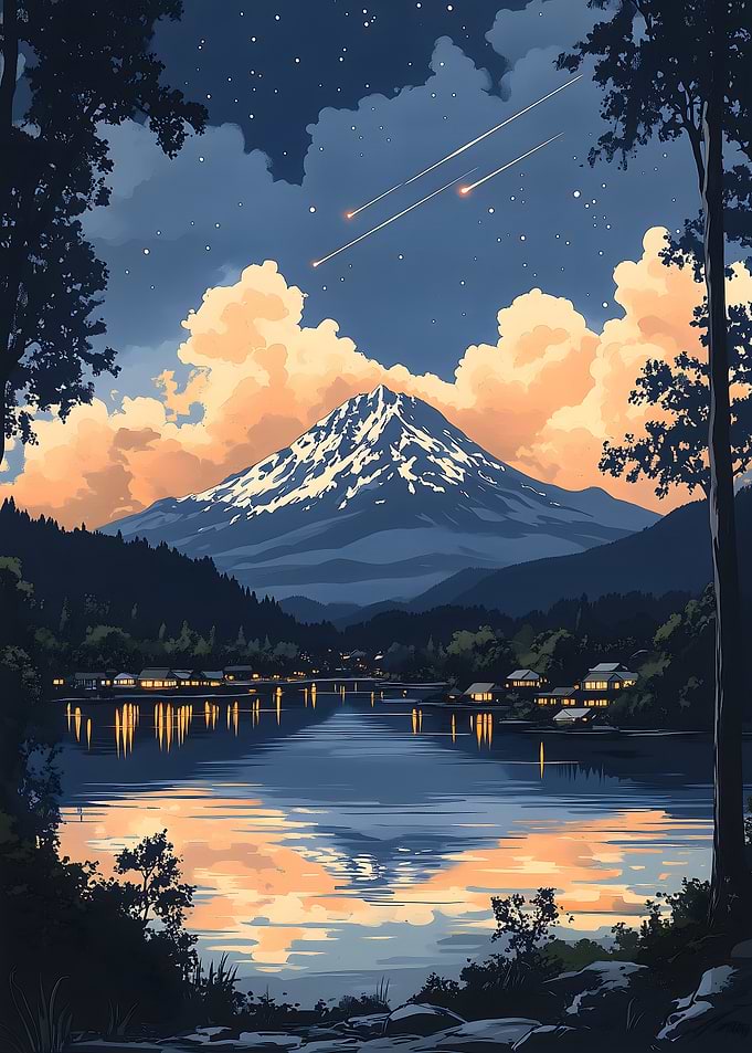 Mountain Lake Night Japanese Landscapes
