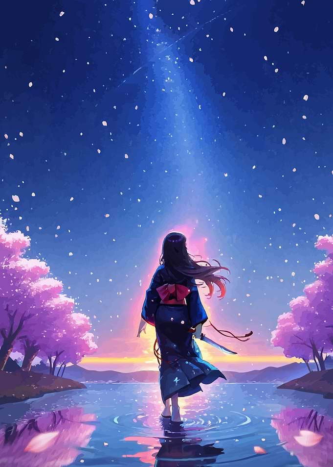 Anime Girl in Kimono Looking at Sky
