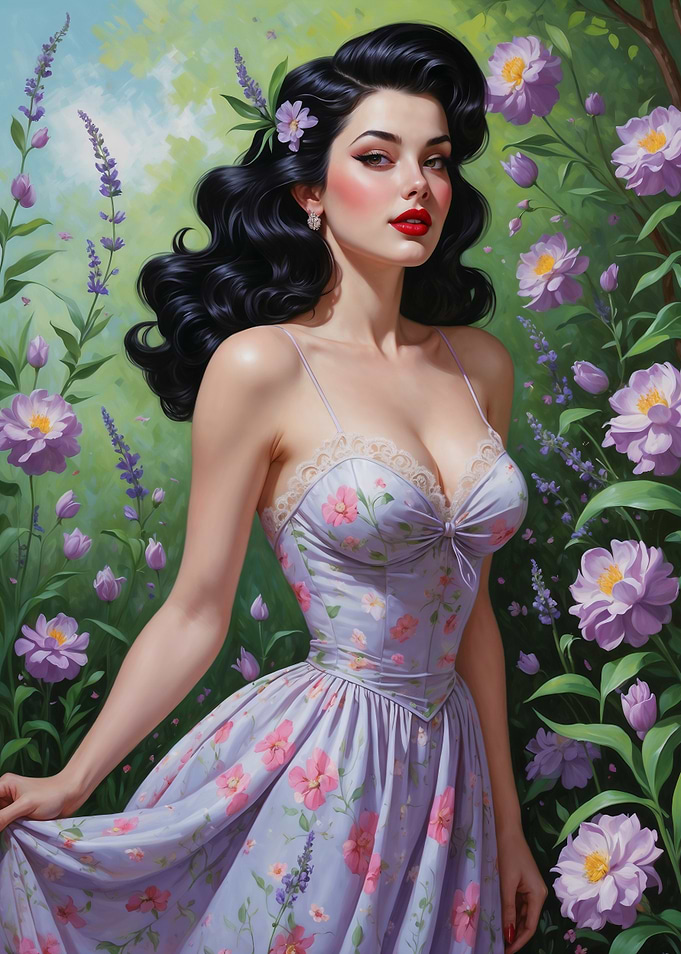 Brunette Pinup Purple Flowers