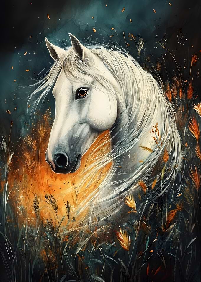 White Horse And Autumn Grass