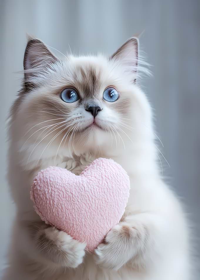 Cute White Cat Holding Heart