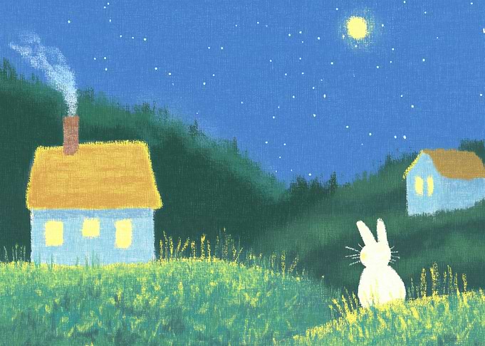 Nighttime Cottage with Rabbit