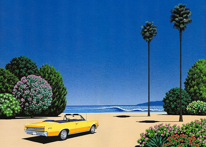 Hiroshi Nagai Yellow Convertible by the Beach