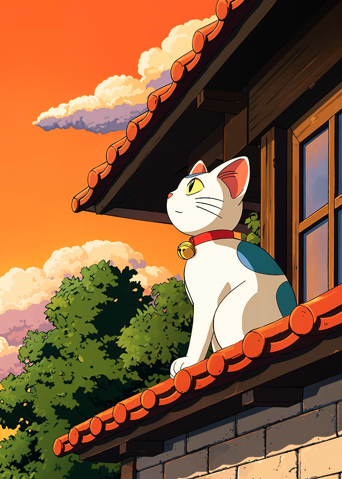 Cat on a Rooftop at Sunset