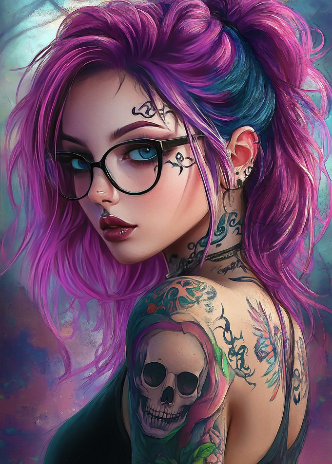 Tattooed Girl with Purple Hair