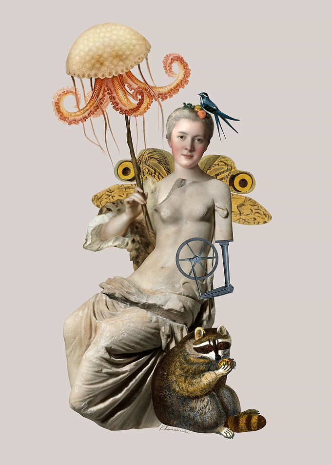 Surreal Collage with Statue and Jellyfish Umbrella