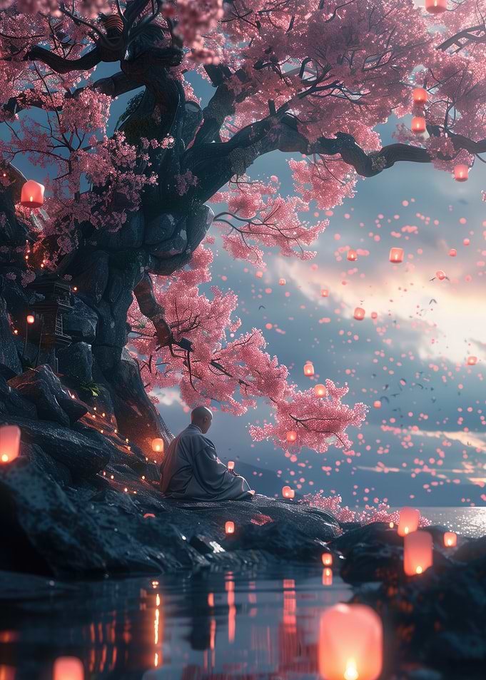 Monk Under Cherry Blossoms
