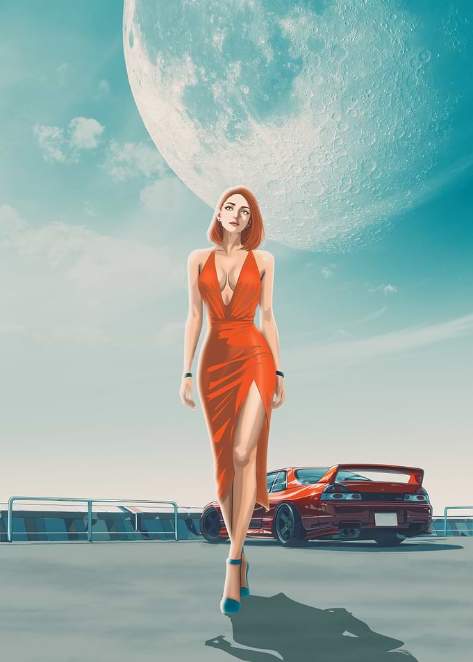 Woman in Red Dress and Sports Car