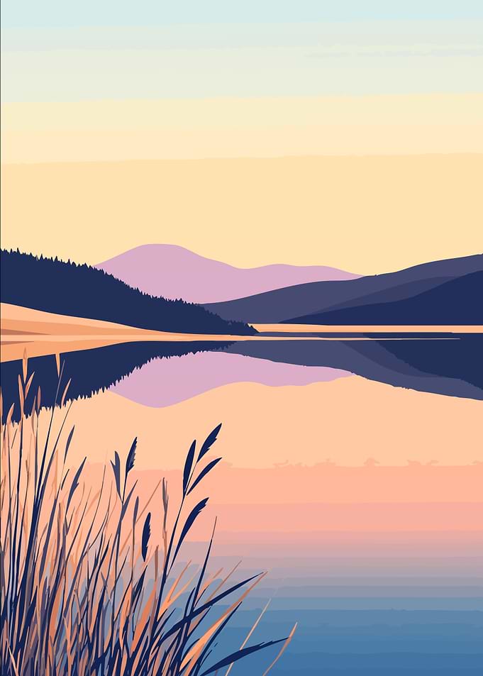 Pastel Peaceful Sunset Lake Landscape Minimalist Art