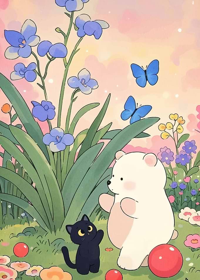 Cute Bear and Cat in Garden