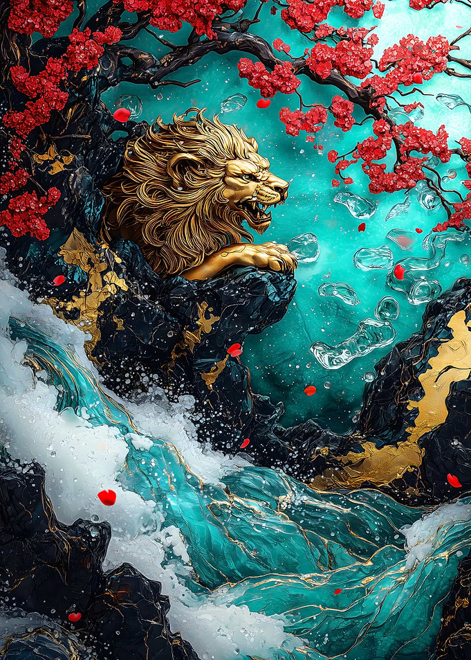 Golden Lion & Cherry Blossoms