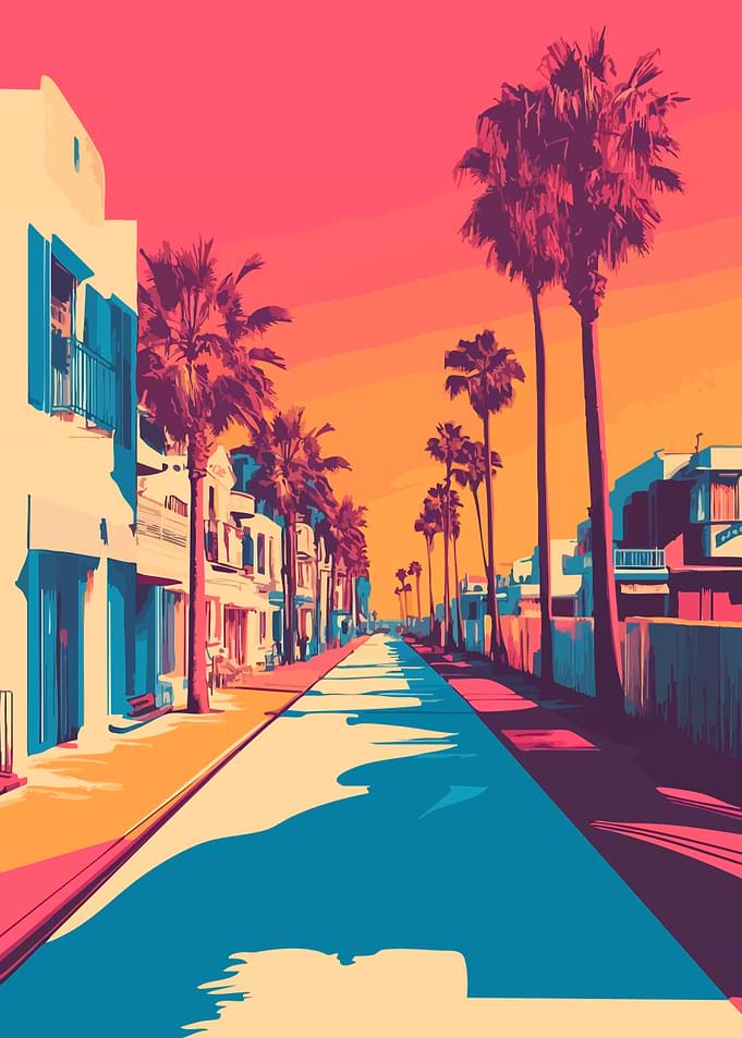 Palm Tree Lined Street California Minimalist Art Illustration